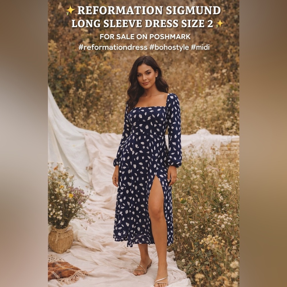 ✨ Reformation Sigmund Dress Size 2 | Long Sleeve Floral Midi Slit Boho Chic ✨